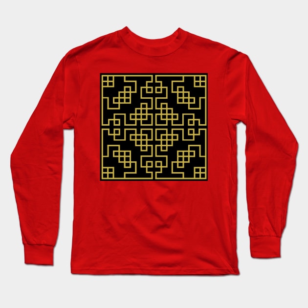 Black Gold Chinese Ornament Pattern Long Sleeve T-Shirt by ernstc